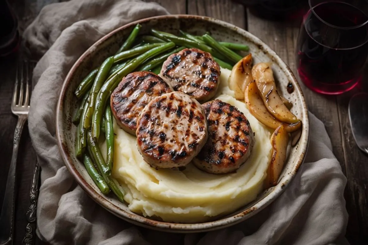 Chicken apple sausage patties with mashed potatoes, green beans, and caramelized apples on a dinner plate.