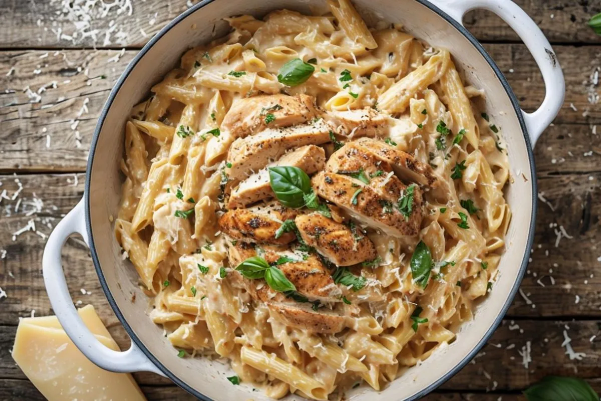 A skillet filled with creamy garlic parmesan chicken pasta garnished with parsley and fresh basil.