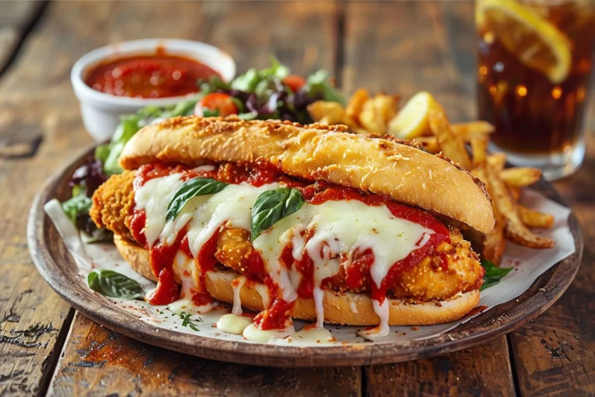 Chicken parmesan sandwich with melted mozzarella, marinara sauce, and fresh basil served on a toasted hoagie roll, with crispy fries and a side salad on a rustic wooden table.