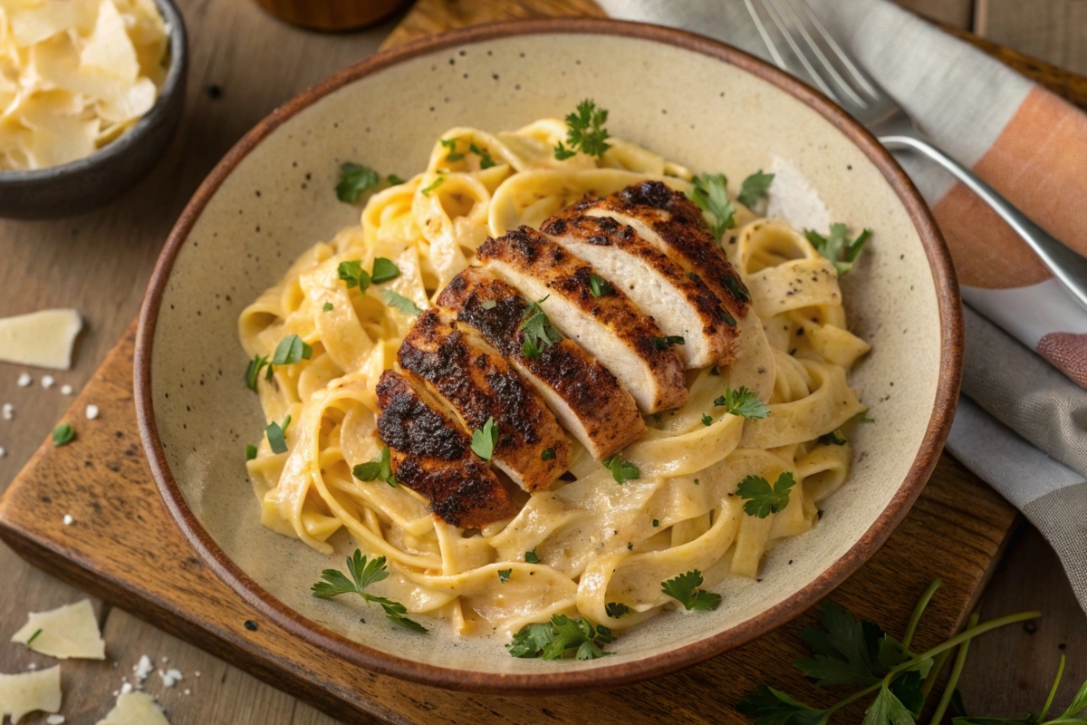 Top-down view of blackened chicken alfredo served on a rustic ceramic plate with creamy fettuccine pasta and parsley garnish.