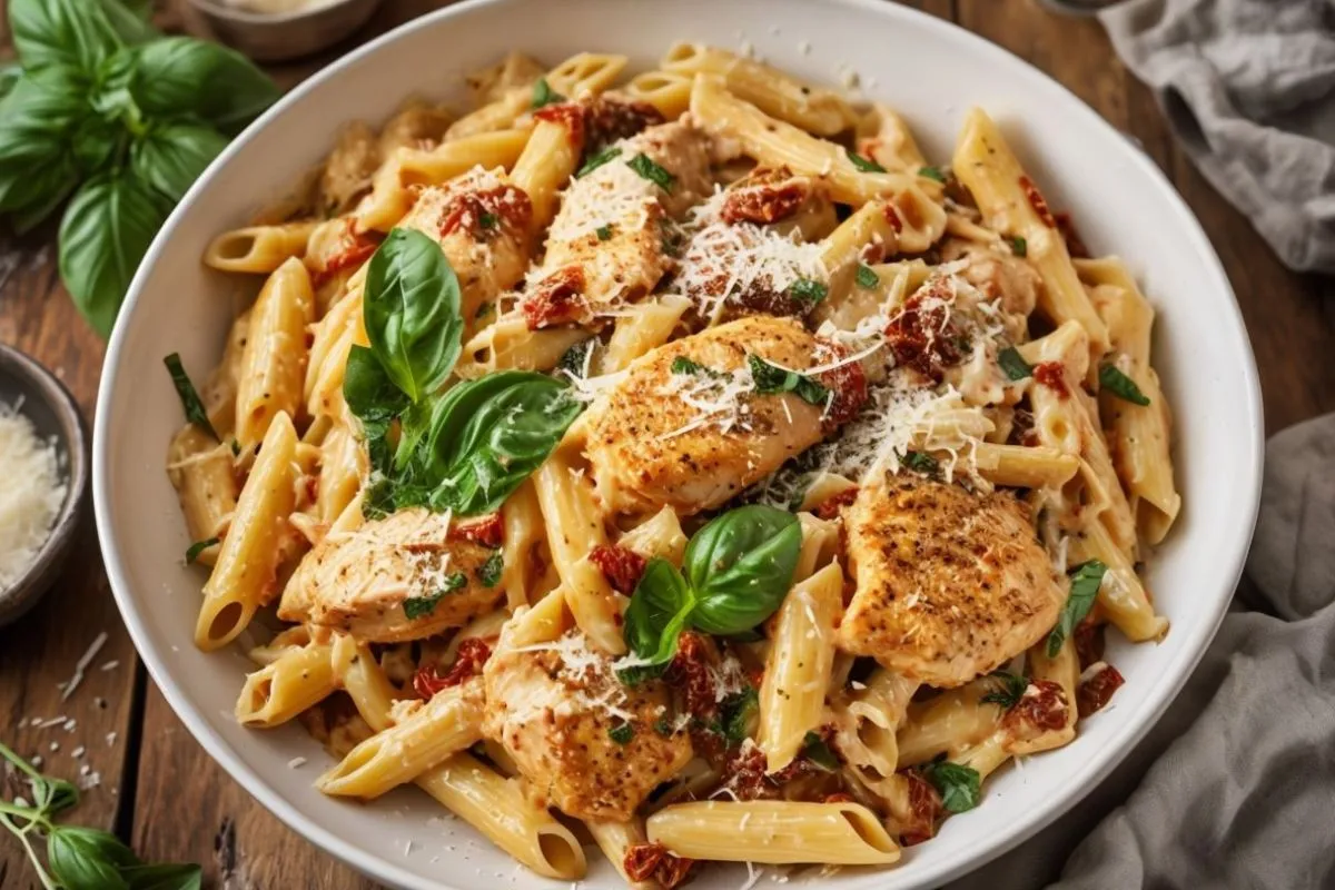 Marry Me Chicken Pasta with Penne, Sun-Dried Tomatoes, and Basil