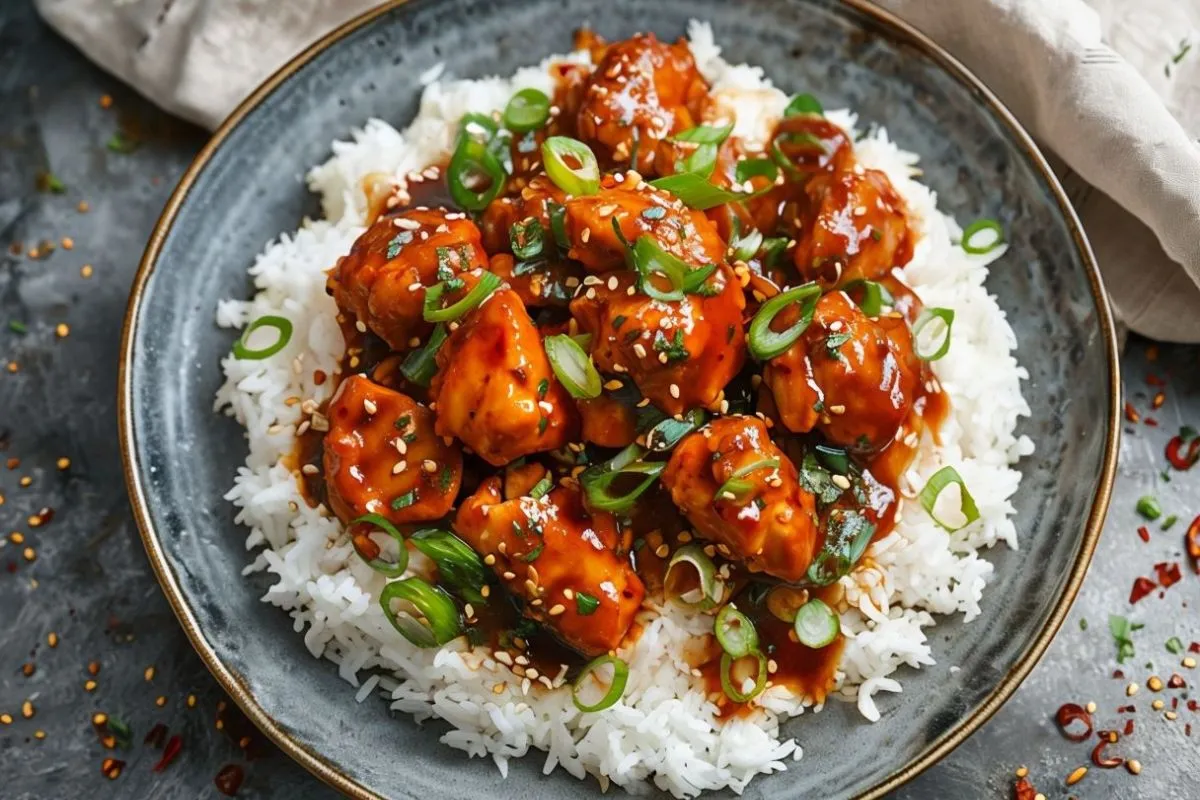 Sweet Hawaiian crockpot chicken served over white rice, topped with a rich sauce, green onions, sesame seeds, and chili flakes.