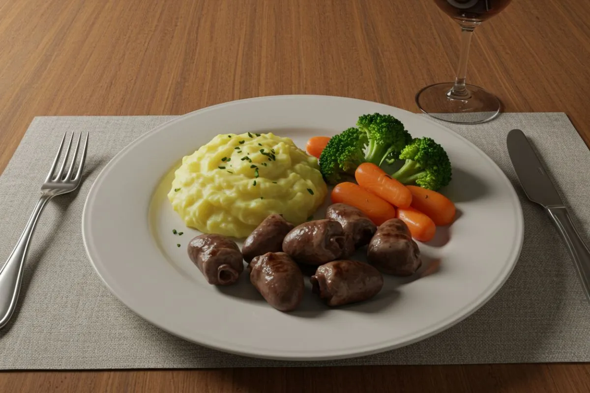 Chicken hearts served with mashed potatoes, steamed broccoli, and baby carrots on a dining table.