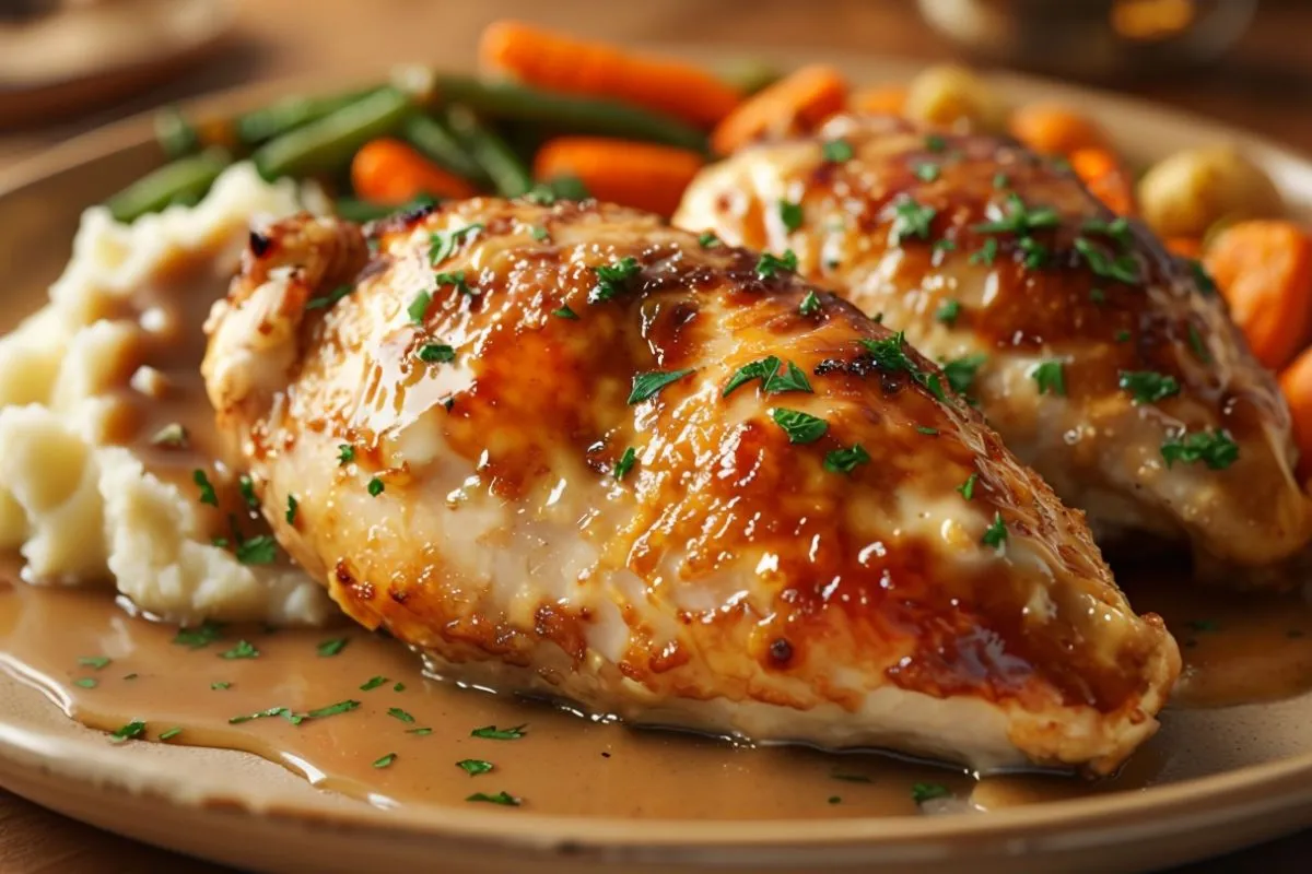 Golden-brown baked chicken breast with a mayonnaise crust, served with mashed potatoes, roasted carrots, and green beans, drizzled with savory gravy