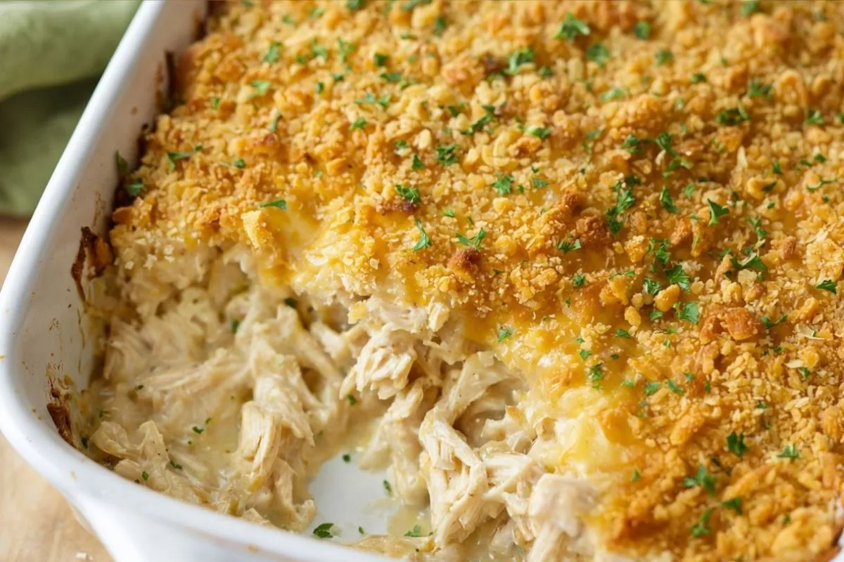 A freshly baked Million Dollar Chicken Casserole topped with golden, crispy breadcrumbs and garnished with parsley.