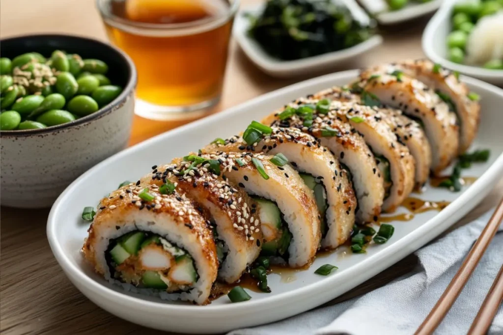 A beautifully plated chicken tempura roll served with edamame, seaweed salad, and a bowl of miso soup, perfect for a complete dinner meal.
