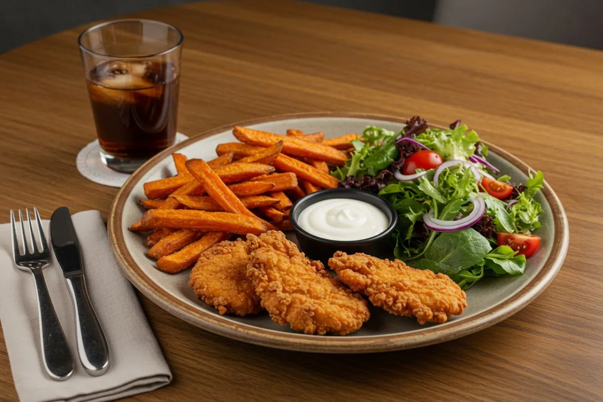 Crispy chicken tenders with sweet potato fries, salad, and dipping sauce