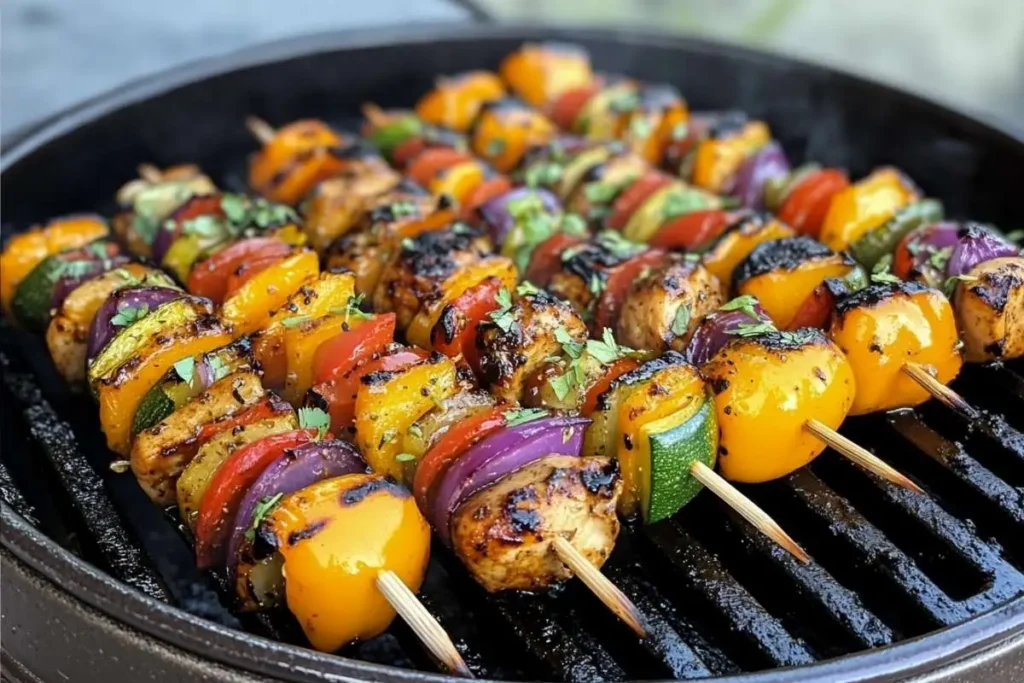 Grilled chicken skewers on a BBQ.