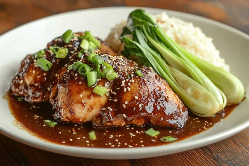 Braised Emperor’s Chicken served with steamed rice and bok choy on a white plate.