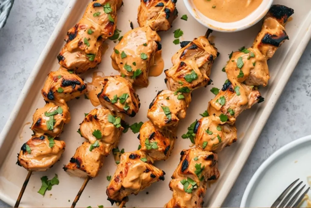 Grilled Bang Bang Chicken Skewers drizzled with creamy sauce, garnished with cilantro on a white plate.