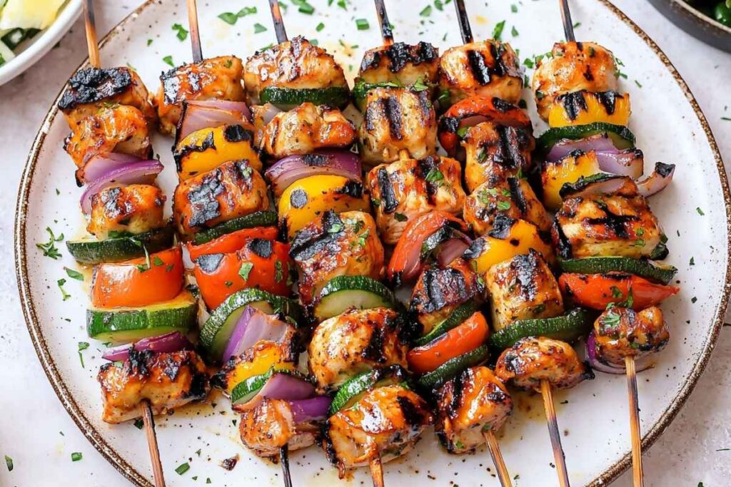 Grilled chicken skewers on a plate