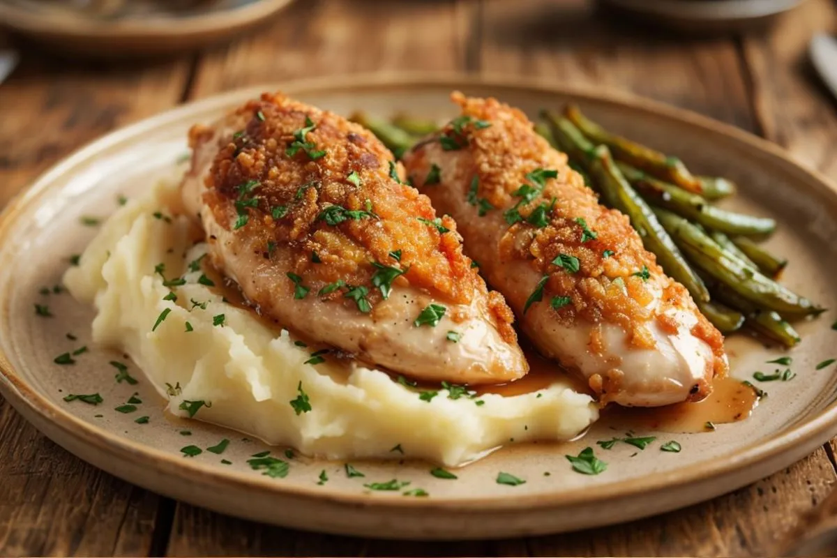 Melt-in-your-mouth chicken served with mashed potatoes and roasted green beans on a rustic dinner plate.