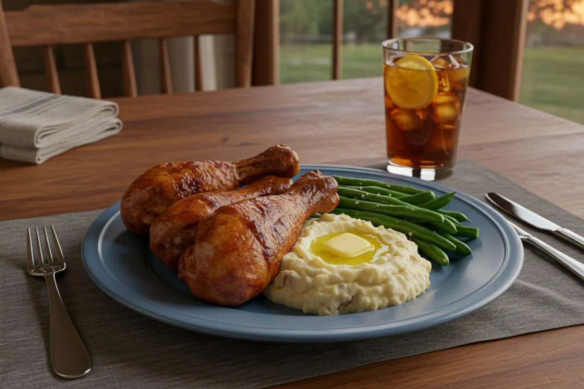Three smoked chicken drumsticks with mashed potatoes and green beans served on a dining table with iced tea in warm evening lighting.