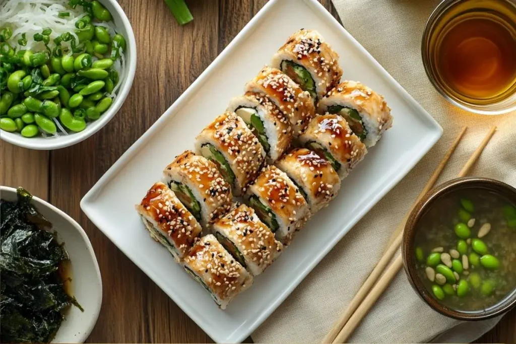 A tempura roll garnished with sesame seeds on a white ceramic plate, served with miso soup, edamame, and seaweed salad on a wooden table.