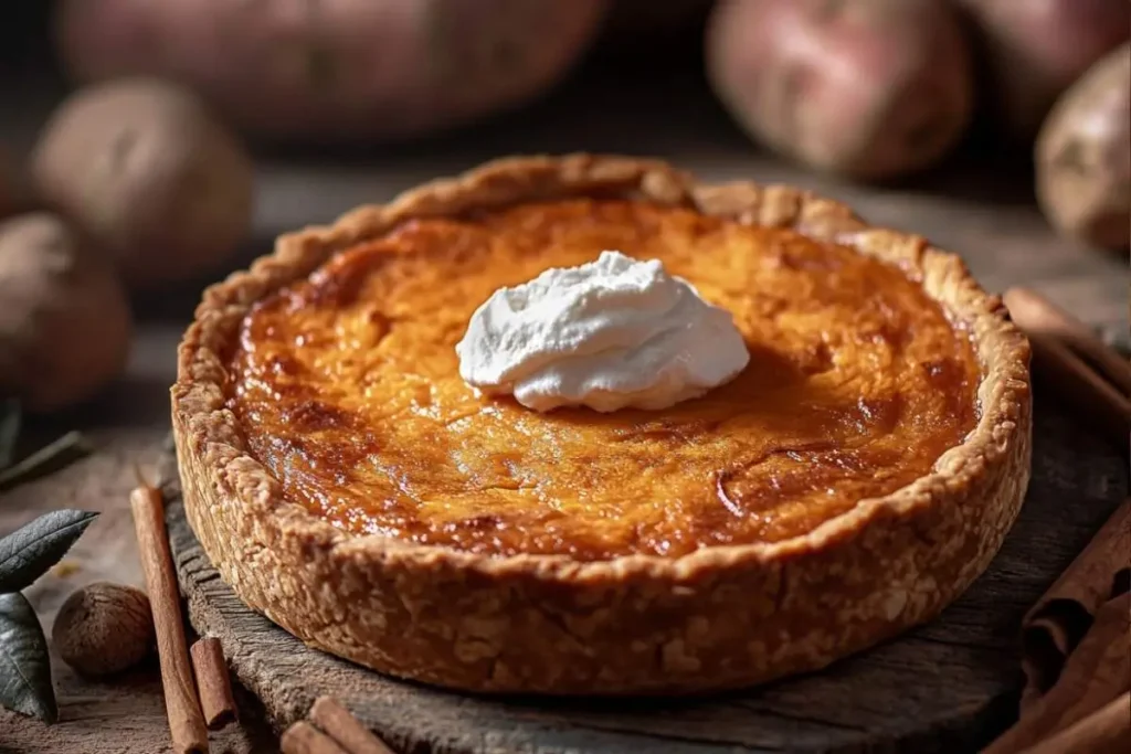 Traditional sweet potato pie topped with whipped cream, a Southern classic.