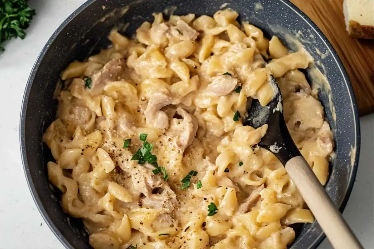 Creamy Tuna Helper pasta in a pan