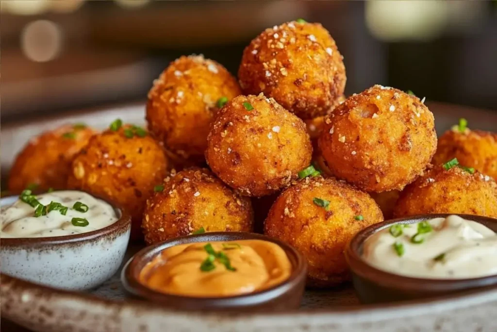 Crispy sweet potato puffs served with dips