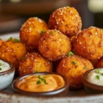 Crispy sweet potato puffs served with dips
