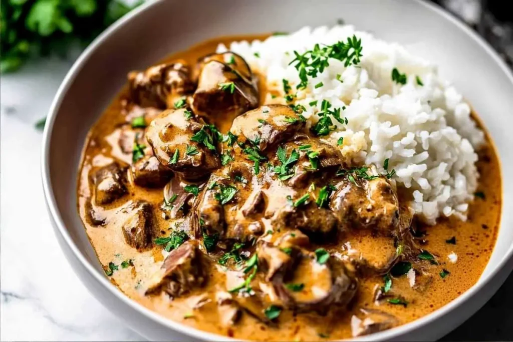 What can I add to stroganoff for more flavor? Rich beef stroganoff with rice