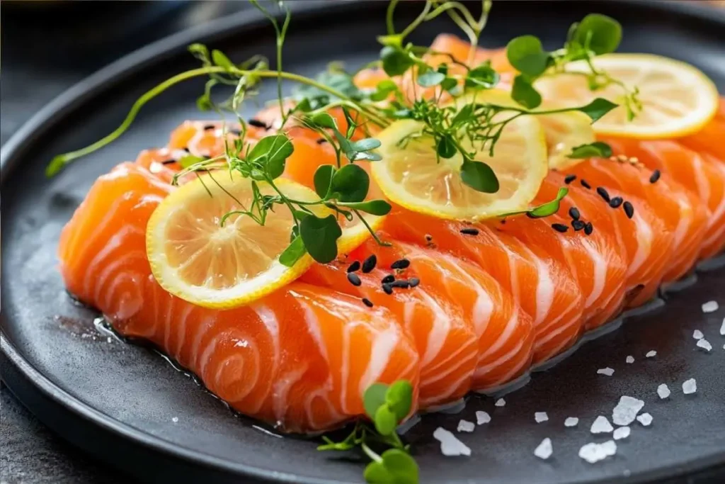 Is salmon crudo healthy? A beautifully plated dish with microgreens and lemon slices