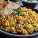 Plated Authentic Anjappar egg fried rice recipe with raita.