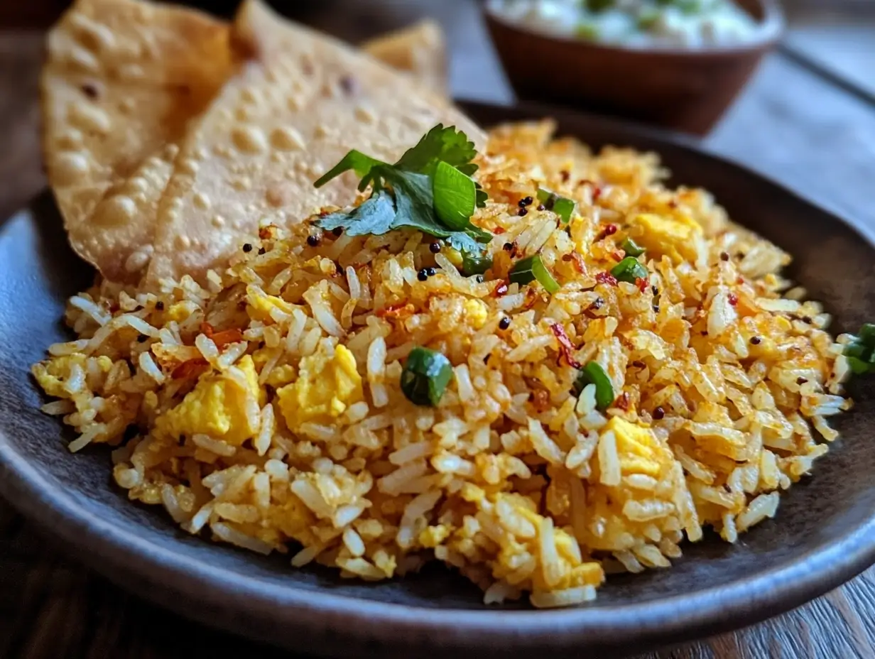 Plated Authentic Anjappar egg fried rice recipe with raita.