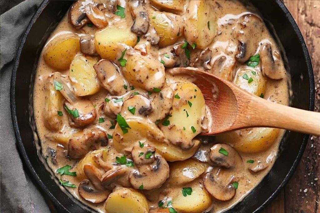 Creamy potato stroganoff in skillet