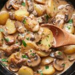 Creamy potato stroganoff in skillet