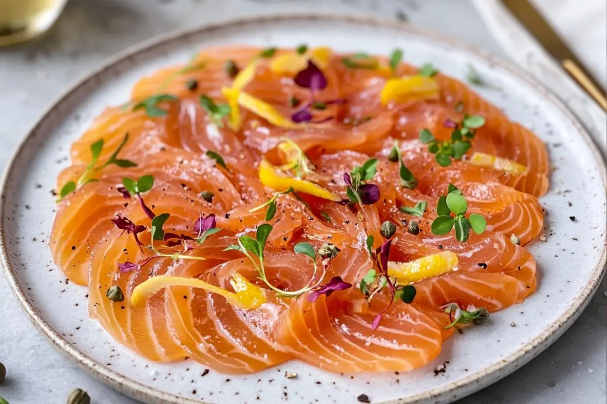 Plated Salmon Crudo with garnishes